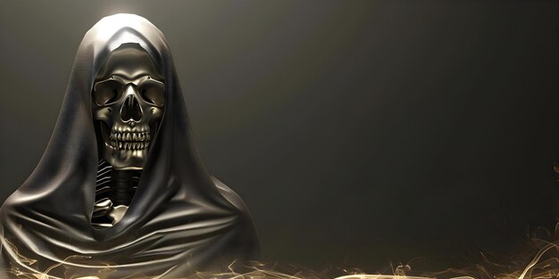 Photo 3d modern art of grim reaper skeleton in black cloak concept sculpture dark art surrealism death theme grim reaper