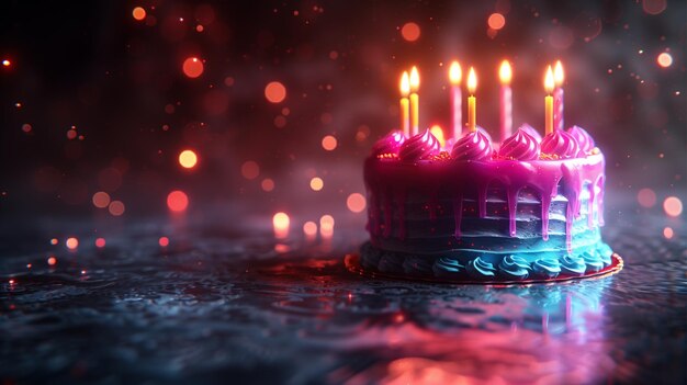 3D modern Birthday Cake icon in bright neon graphic style black background