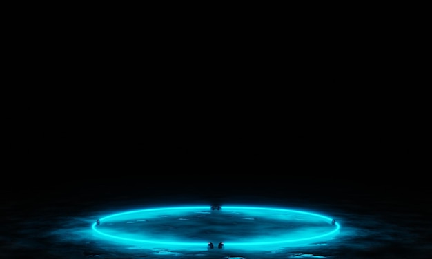 3d modern futuristic scene on dark background with reflection of neon light on the floor