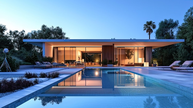 3d modern house exterior with pool at dusk modern cozy house with pool luxurious style