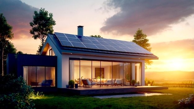 a 3D modern house or home with solar panels on the roof and a patio area with a sunlit view