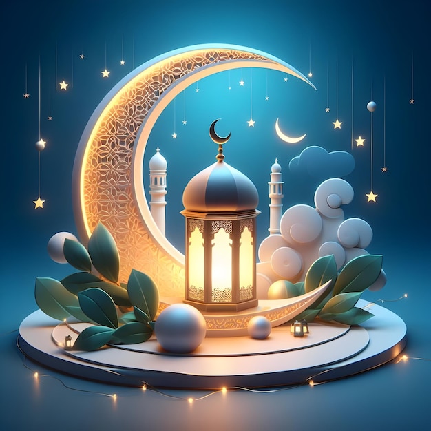 3d modern Islamic holiday banner suitable for Ramadan Raya Hari Eid al Adha and Mawlid A lit up lan