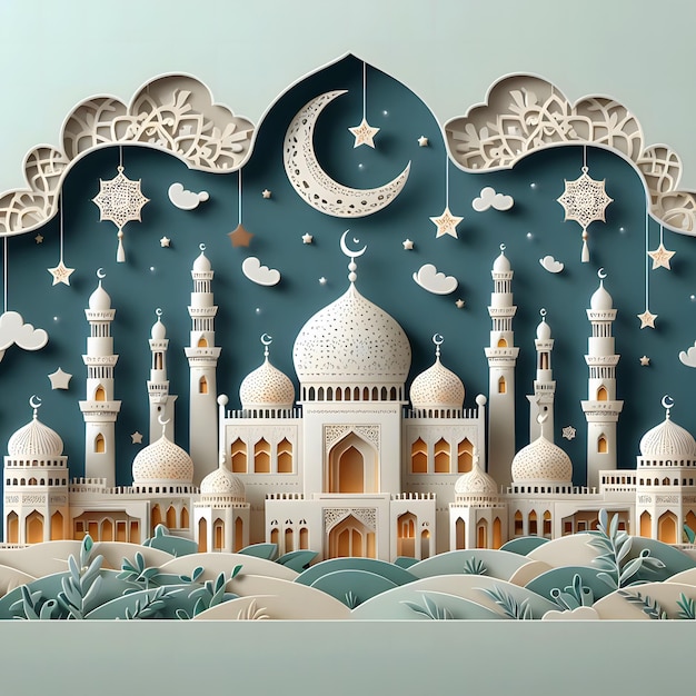 3d modern Islamic holiday banner suitable for Ramadan Raya Hari Eid al Adha and Mawlid A lit up