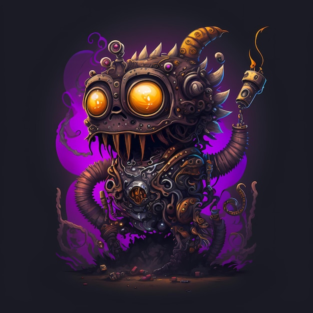 3D Monster steampunk cartoon character with robotic body