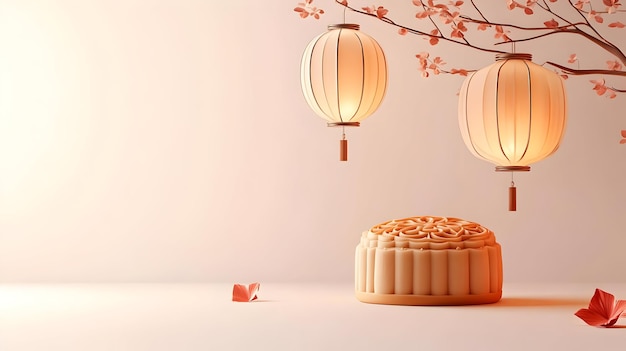 3D Mooncake and Lantern with Mid Autumn Festival Message concept as A vector illustration featuring