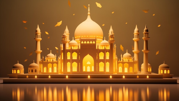 3d mosque with glowing lights and a golden background