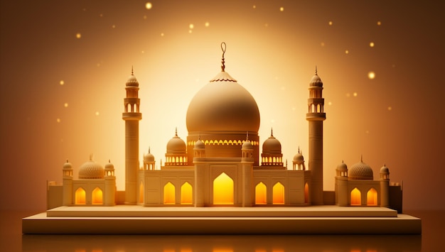 3d mosque with glowing lights and a golden background