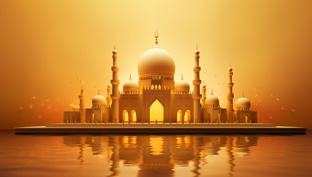 3d mosque with glowing lights and a golden background