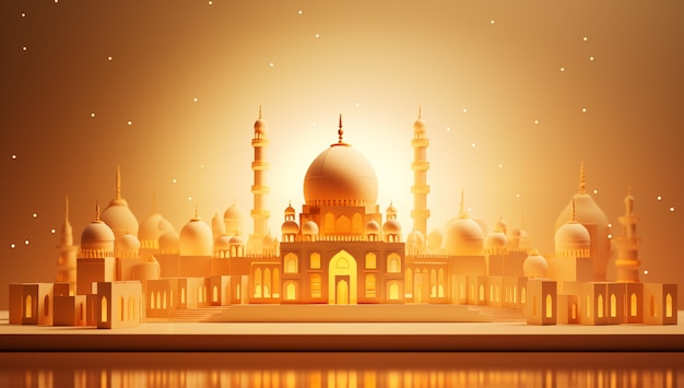 3d mosque with glowing lights and a golden background