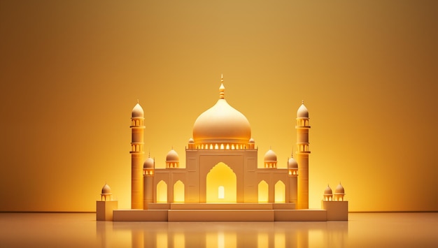 3d mosque with glowing lights and a golden background