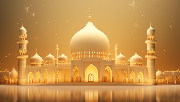 3d mosque with glowing lights and a golden background