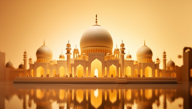 3d mosque with glowing lights and a golden background