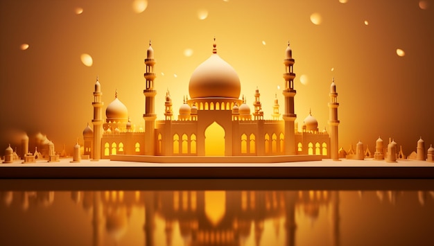 3d mosque with glowing lights and a golden background