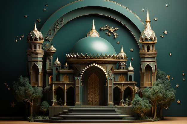 3d mosque with green background