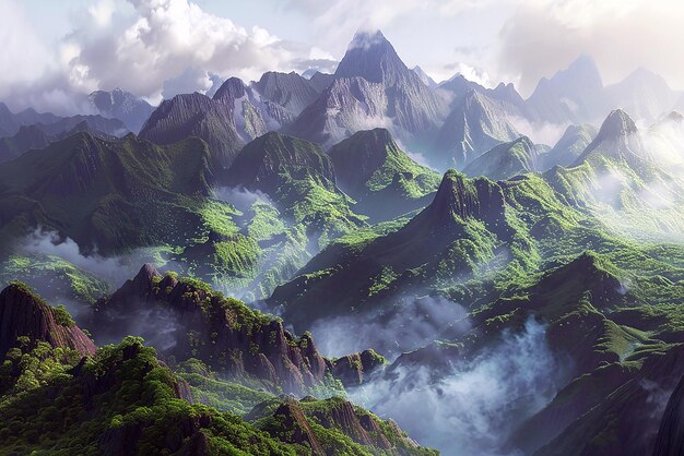 3D Mountain Landscape with Towering Peaks and Dramatic Lighting