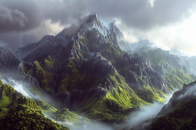 3D Mountain Landscape with Towering Peaks and Dramatic Lighting