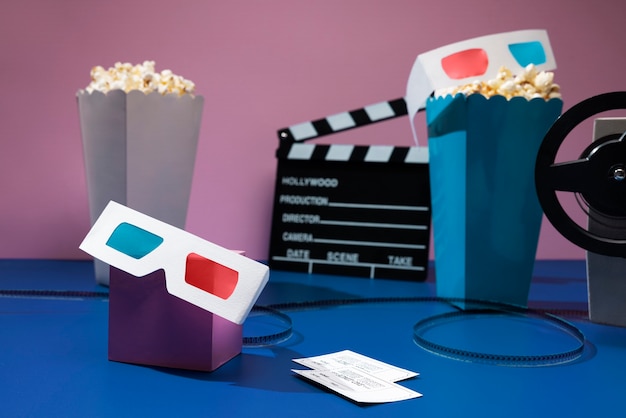 3d movie glasses and popcorn arrangement