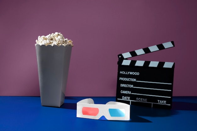 3d movie glasses and popcorn assortment