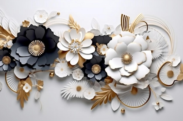 3d mural illustration white background with golden jewelry and flowers in black decorative wallpap