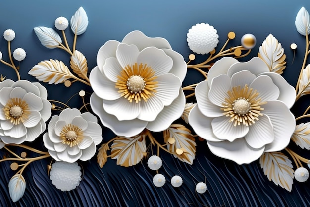 3d mural illustration white blue background with golden jewelry and flowers in black decorative