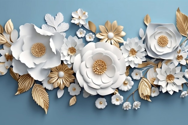 3d mural illustration white blue background with golden jewelry and flowers in black decorative