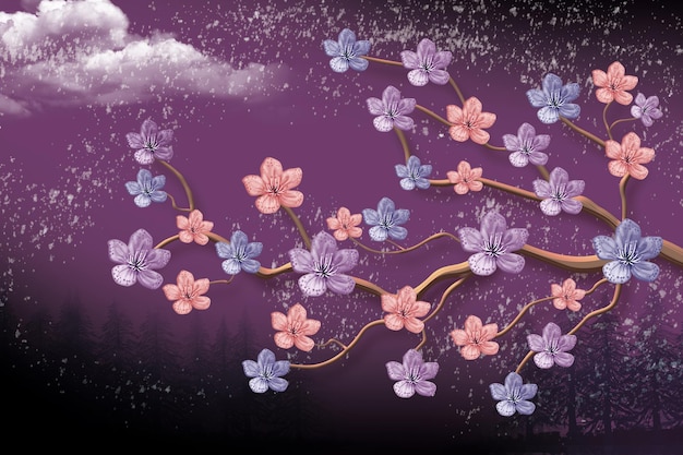 3d mural wallpaper dark purple snowy background branches flowers floral background with and clouds