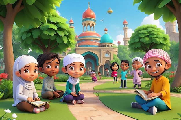 3D Muslim Kids Cartoon in the Park