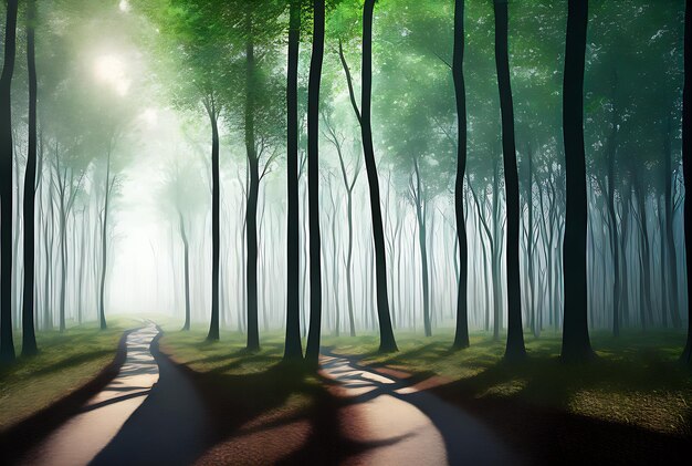 Photo 3d mystical forest footpath with shadows