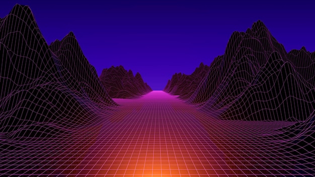 3d neon futuristic landscape with grid and mountains Synthwave cyberpunk 80s game concept background