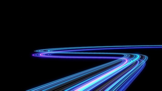 3d Neon light effect glowing trails Colorful Light motion speed background Motion blur long time effect Technology 5g design concept Laser beam sparkling on dark scene Fast moving to futuristic