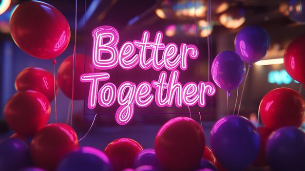 Photo 3d neon sign better together dengan balon meriah