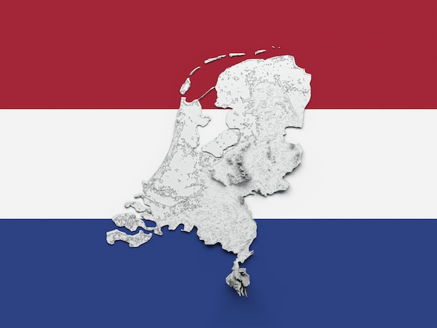 3d Netherlands Map Black And White Shaded Relief Map On Netherlands Flag Background 3d illustration