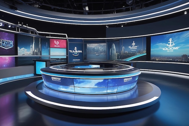 3D news studio with holographic screens surrounding the anchor displaying live updates from social media