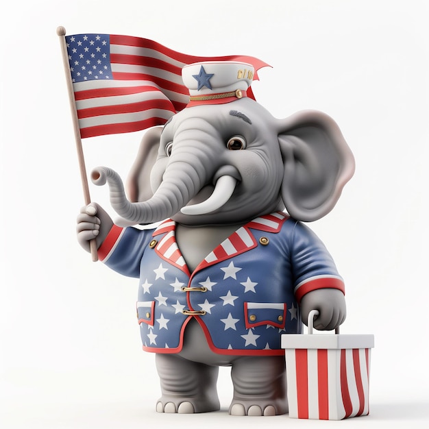 3d nft isometric elephant character coat pant in a american flag uniform holding american flag in one hand and casting vote in ballot box from other hand white backgrounds