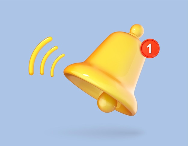 3D notification bell icon isolated on blue background Yellow ringing bell with new notification for social media reminder 3d cartoon vector illustration