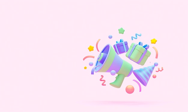 3d notification of the festive event Megaphone with gifts and confetti on a pastel pink background