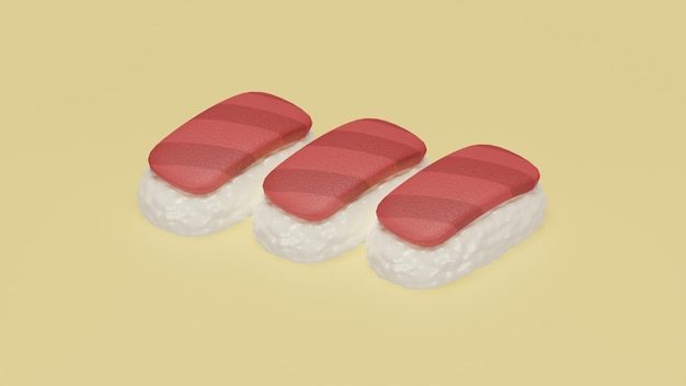 3D object render of 3 sushi with yellow background