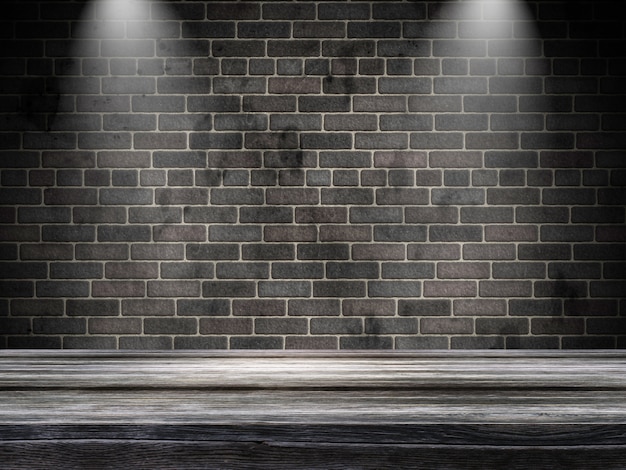 3D old wooden table against a brick wall with spotlights