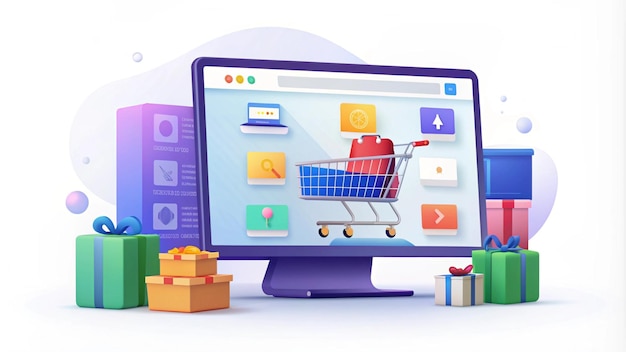 3D online shopping concept with gifts