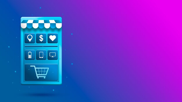 3d Online shopping mobile app with product icons