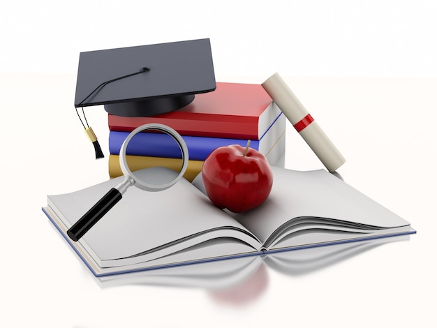 3d Open book with an Apple, Graduation cap, diploma and stack of Books.