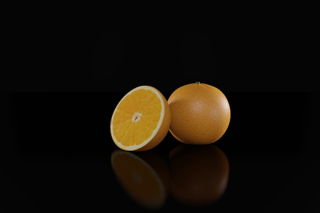 3d Orange fruit with orange slices and leaves isolated on black background.