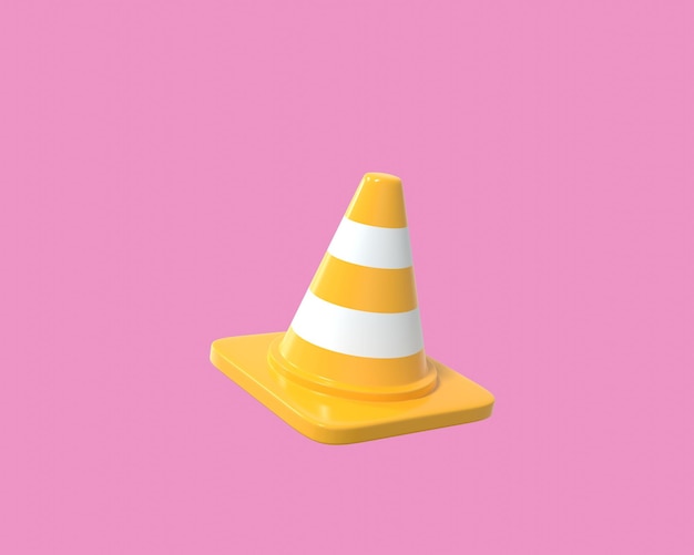 3D orange highway traffic construction cone with white stripes. Minimal cartoon render road cone