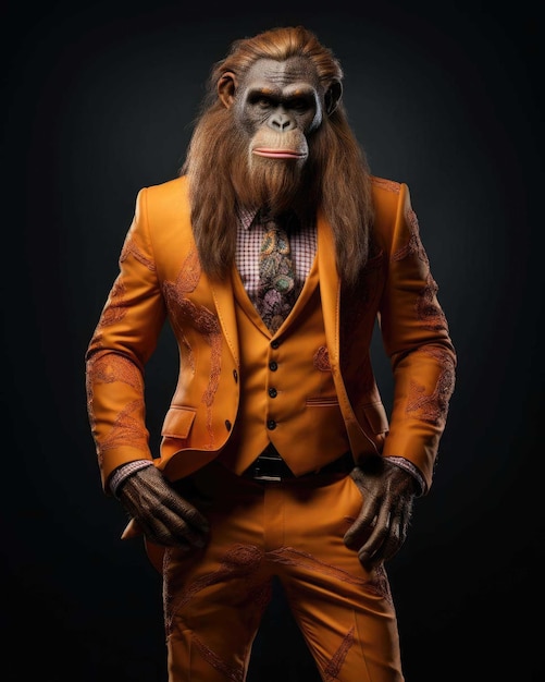 3D Orangutan with a human body looking serious wearing a suit with a dramatic studio background