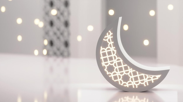 3D Ornament Crescent Moon Against Blurred Gray Bokeh Background