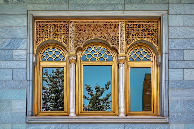 3D ornate Arabic window with brass and gold lattice