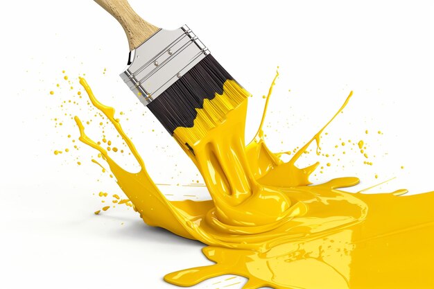 Photo 3d paintbrush in yellow paint with splash