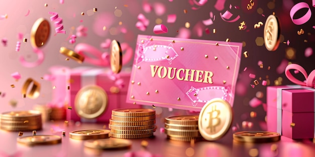 3d pair of rosy vouchers featuring VOUCHER text and golden currency Exclusive promotion with discount coupons or vouchers Certificate and golden dollar symbol design 3d rendering