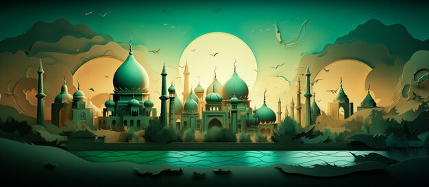 3d paper art illustration of mosque green color