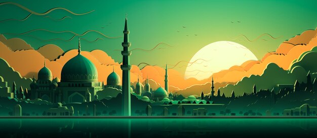 3d paper art illustration of mosque green color